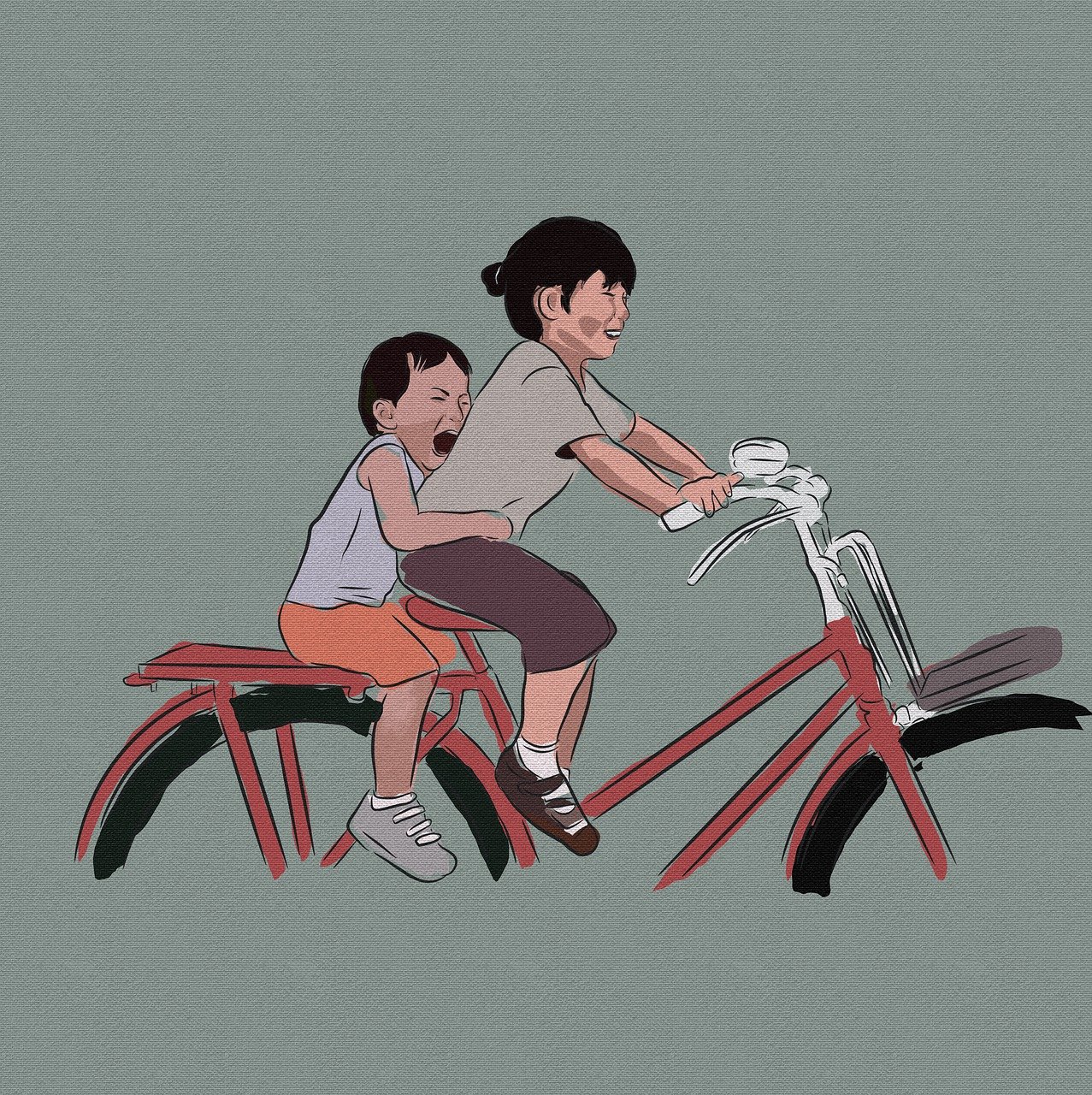 fille, garçon, enfant, bicyclette, cyclisme, penang, malaisie, graffiti, voyager, balade entre frères et soeurs