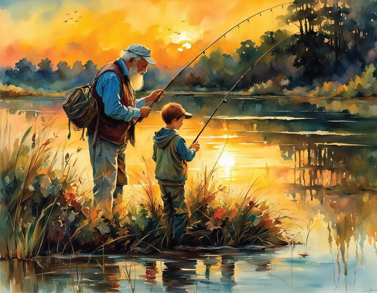 faire de la pêche, pêcheur, nature, le coucher du soleil, lac, en plein air, grand-père, petit fils, magnifique, coloré, nature, nature, nature, nature, nature