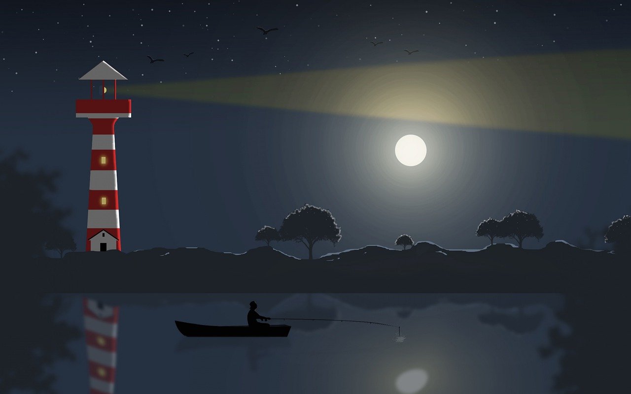 pêcheur, océan, phare, nature, mer, lac, nuit, ciel, 2d, lune, numérique, faire de la pêche, ciel de nuit, bateau