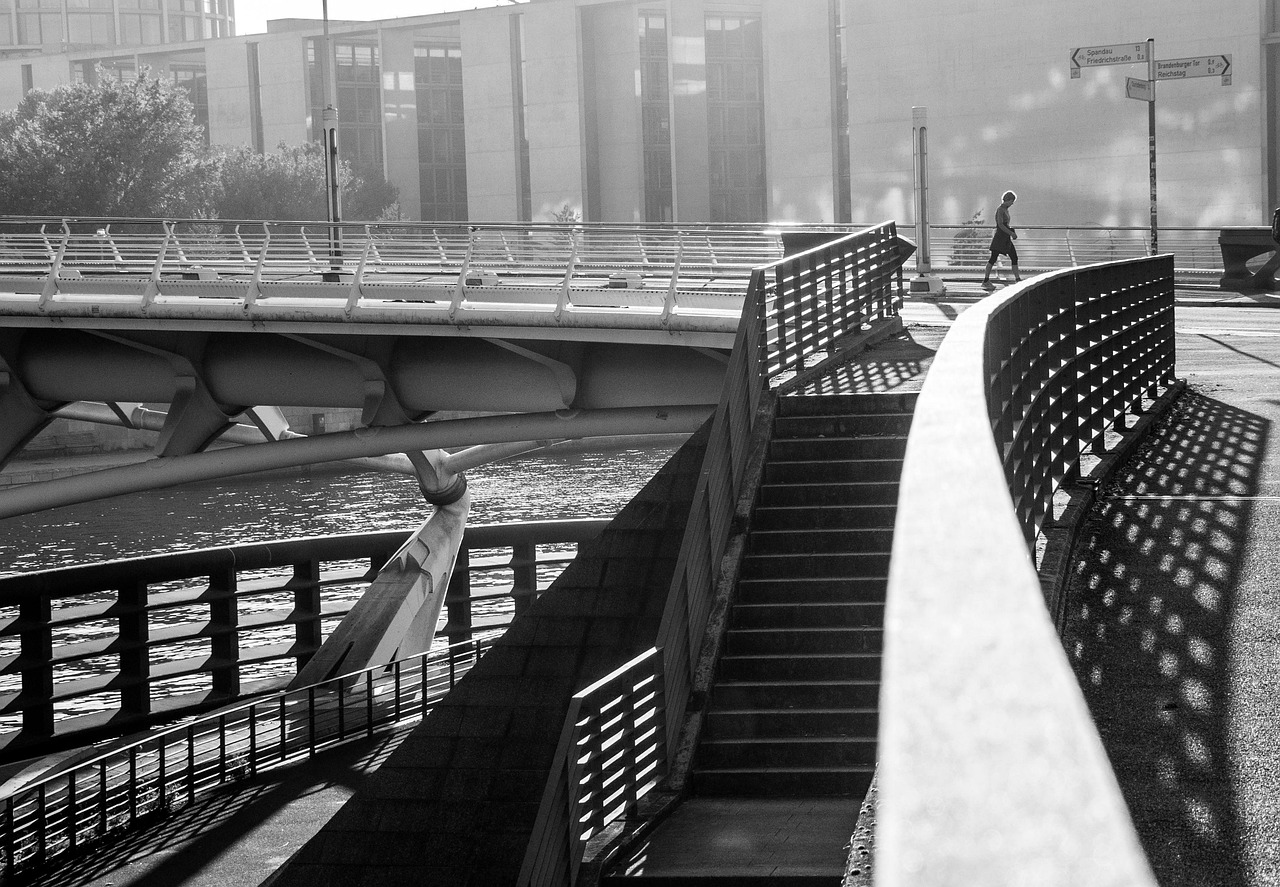 pont, ville, fleuve, monochrome, balustrade, escaliers, route, urbain, en plein air, pas, escalier