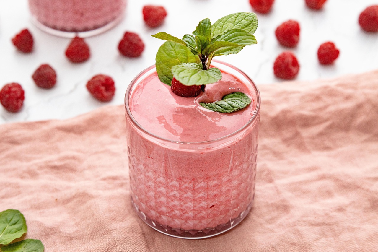 smoothie, jus, framboises, baie, fruit, en bonne santé, secouer, milk-shake, boire, un verre