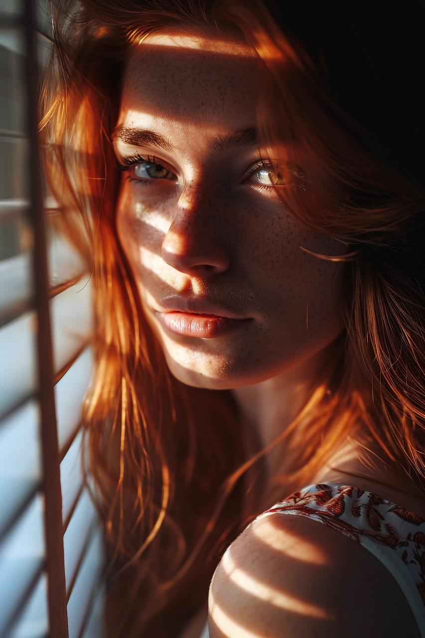 ai généré, cheveux roux, gingembre, stores, la fenêtre, éclairage, portrait, femme, ai généré, femme, femme, femme, femme, femme
