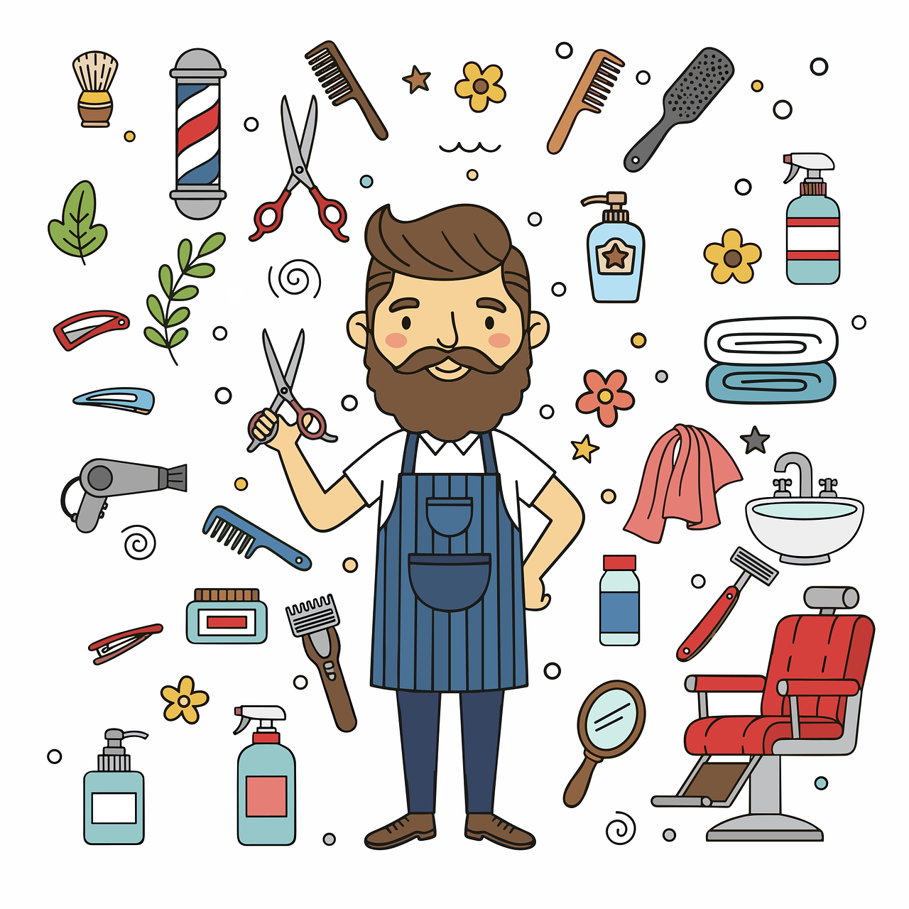 ai généré, coiffeur, la coupe de cheveux, salon, les ciseaux, rasoir, peigne, brosse à cheveux, rasage, barbe, moustache, chaise de barbier, sèche-cheveux, gel pour les cheveux, laque pour les cheveux, shampooing, conditionneur, miroiter, tablier, bande zébrée, tondeuses à cheveux, coiffant, toilettage, coiffure, professionnel