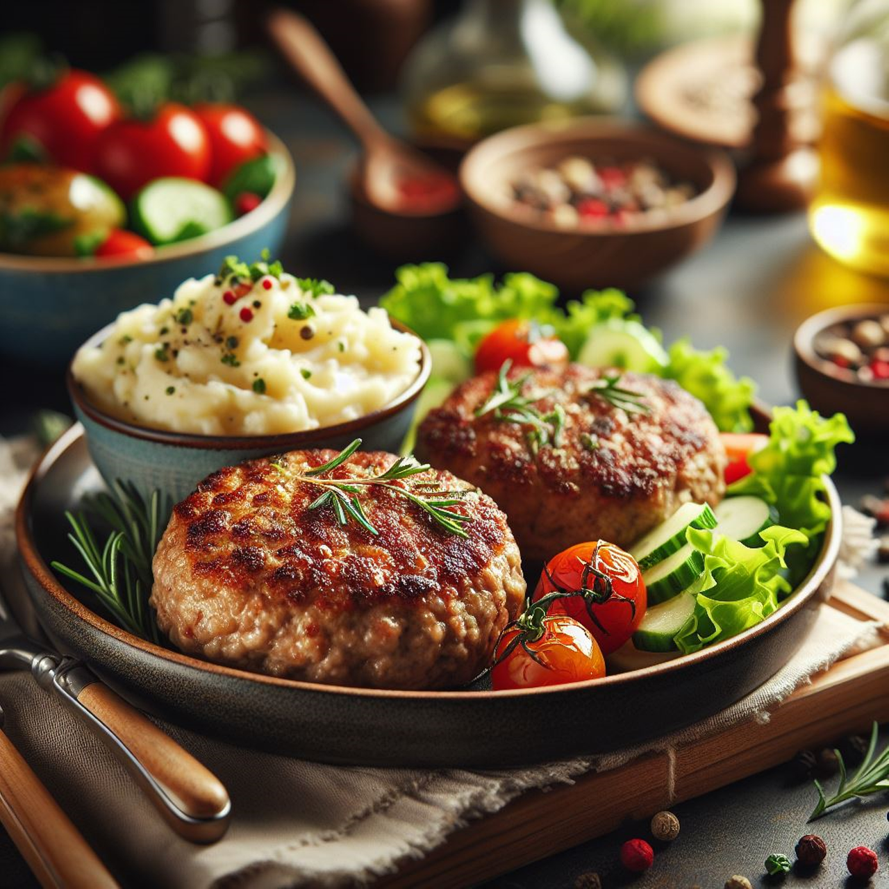 ai généré, cuisine à la maison, cuisiner, pain de viande, purée, purée de pommes de terre, salade, en bonne santé, aliments