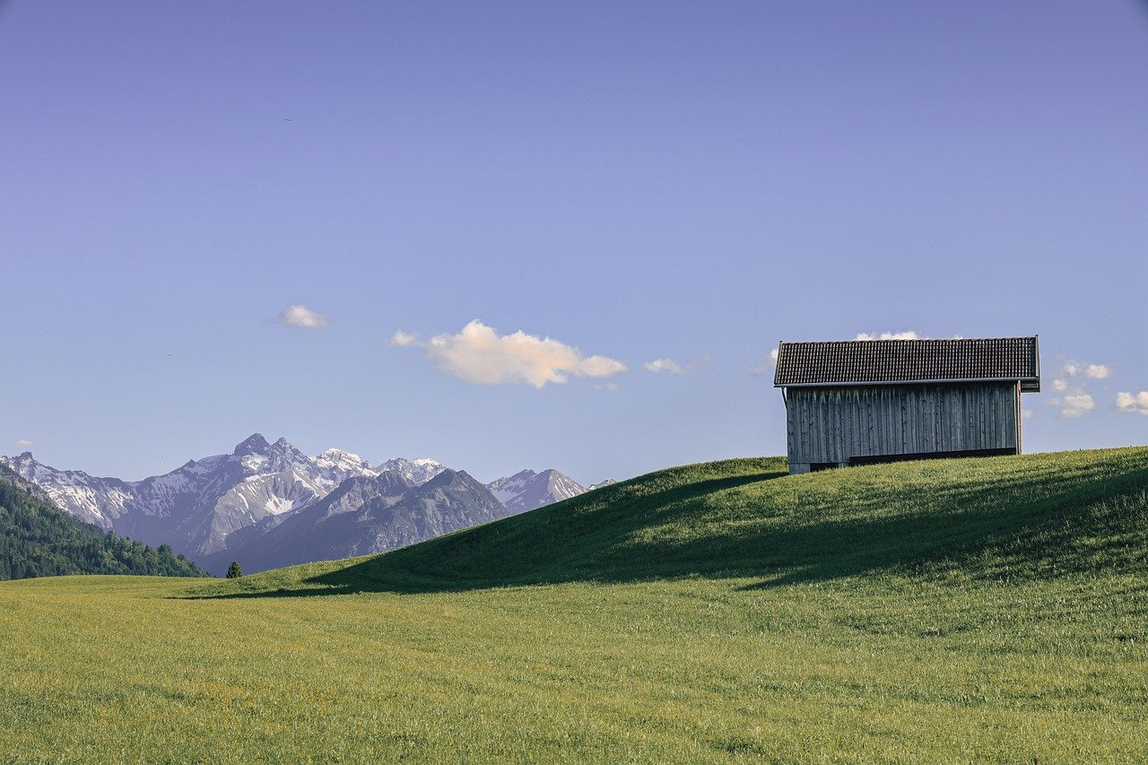 alpes, arbre, village de montagne, montagnes, vert, cabane, nature, calmer, l'été