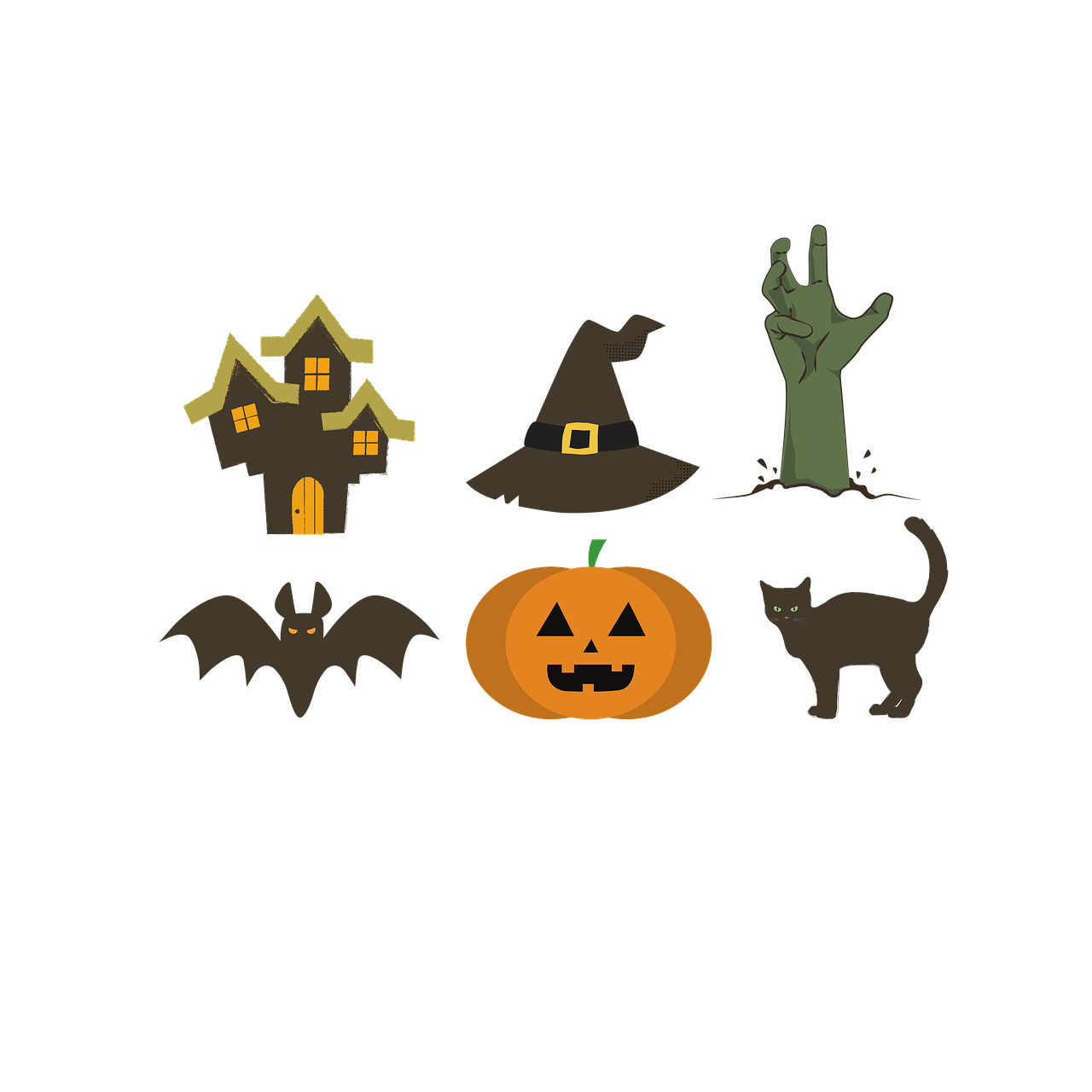 halloween, icônes, symboles, maison hantée, citrouille lanterne, chapeau de sorcière, chauve souris, chat noir, zombi, main, effrayant, conception, icônes d'halloween, symboles d'halloween, halloween stickers, découper, halloween, halloween, halloween, halloween, halloween