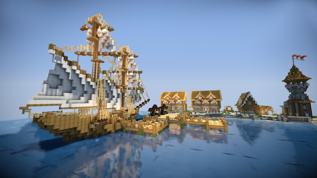minecraft, bateau, l'eau, nature, bateau bleu