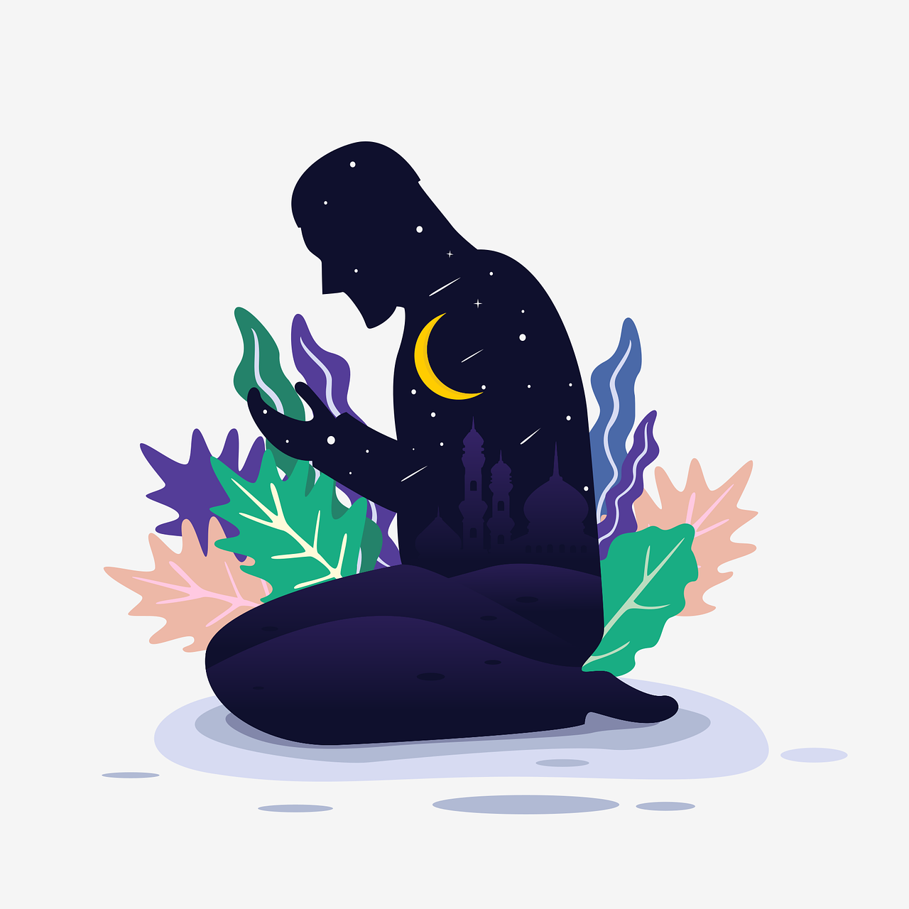 musulman, prière, prier, mosquée, islam, religion, le mois de ramadan, mois, star, nuit, feuille, silhouette, nature, homme