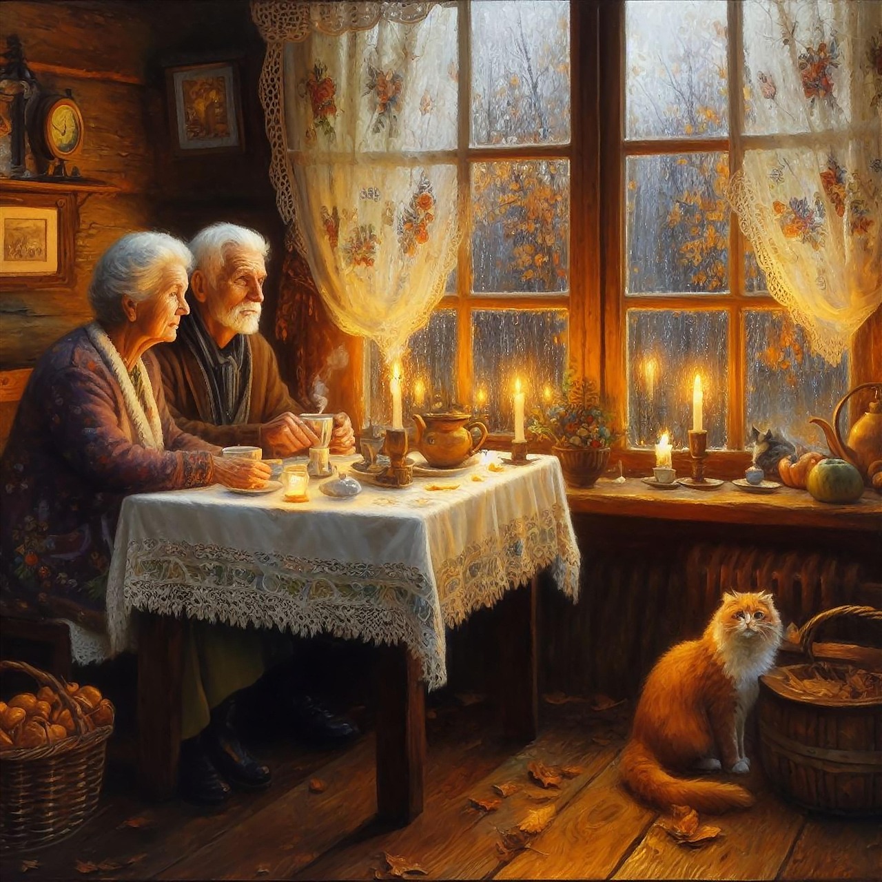 ai généré, coupler, âgé, la peinture, personnes agées, automne, relation, domicile, loger