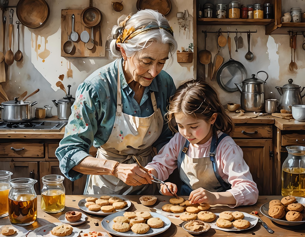 ai généré, grand-mère, enfant, cuisine, recette, petit enfant, pâtisserie, biscuits, apprentissage