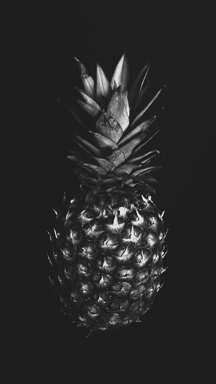 ananas, fruit, fruit exotique, fond noir, aliments, appétissant, sucré, affiche, art, noir et blanc