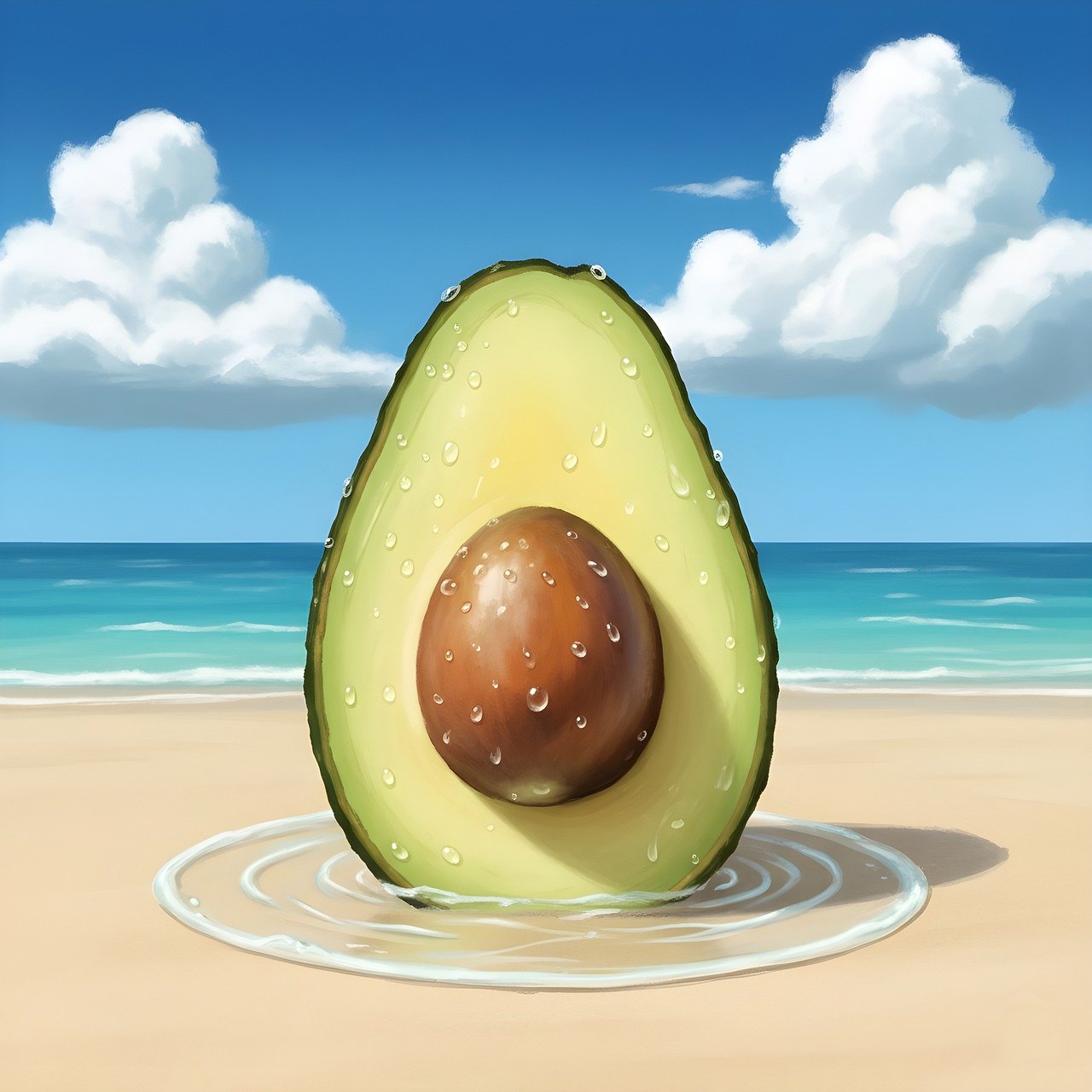 avocat, fruit, en bonne santé, aliments, plage, océan, mer, l'été, tropical, vacances, couper, moitié, frais, l'eau, gouttes, mouiller, vert, la graine, fosse, régime, ciel, des nuages, nature, sable