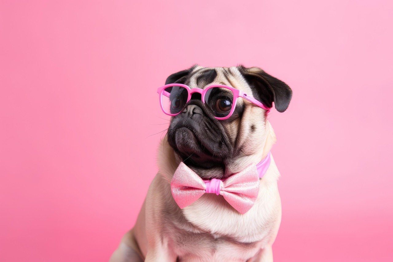 carlin, chien, nature, des lunettes de soleil, rose, lunettes, noeud papillon, marrant, chiot, de race, animal de compagnie, canin, animal