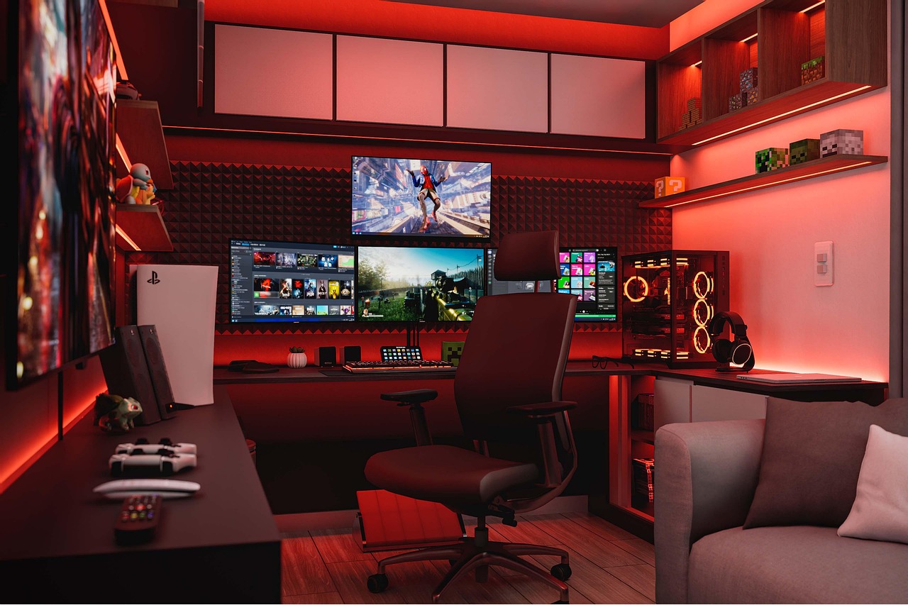 design d'intérieur, bureau à domicile, intérieur moderne, chambre à coucher, étudier, ordinateur, écouteur, écouteurs, la musique, du son, la technologie, jeux, playstation, joueur, ps4, ps5, console, jouer, xbox, rouge, espace rouge, nuit, led, foncé, rendre