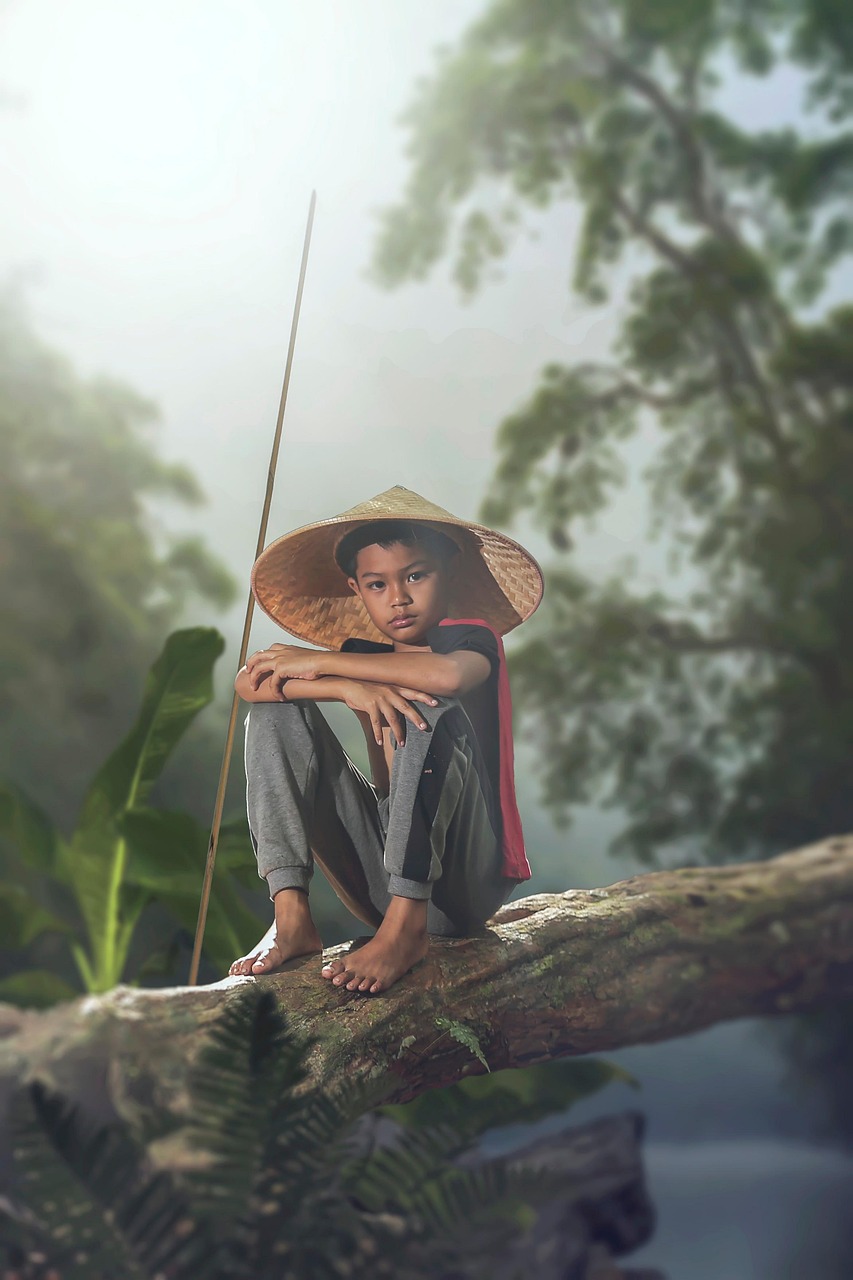 faire de la pêche, enfant, asiatique, chapeau conique, jeune, nature, enfance, l'été, loisirs, en plein air, séance, pose, portrait