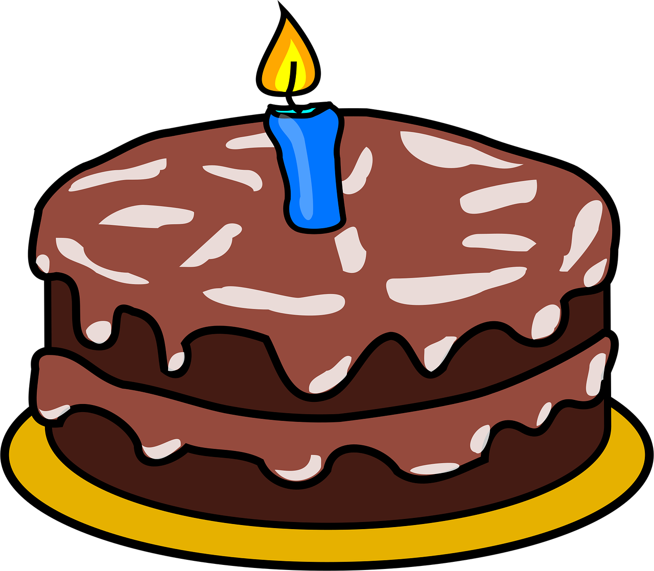 gâteau, chocolat, bougie, un, glaçage, brown, joyeux anniversaire, bleu, content, fête