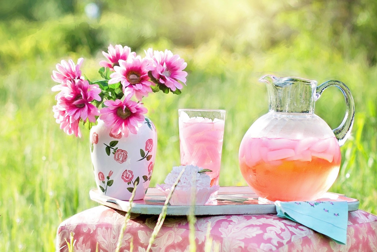 limonade rose, l'été, en plein air, boisson, nature, rafraîchissement, vase à fleur, fleurs roses, du froid, soif
