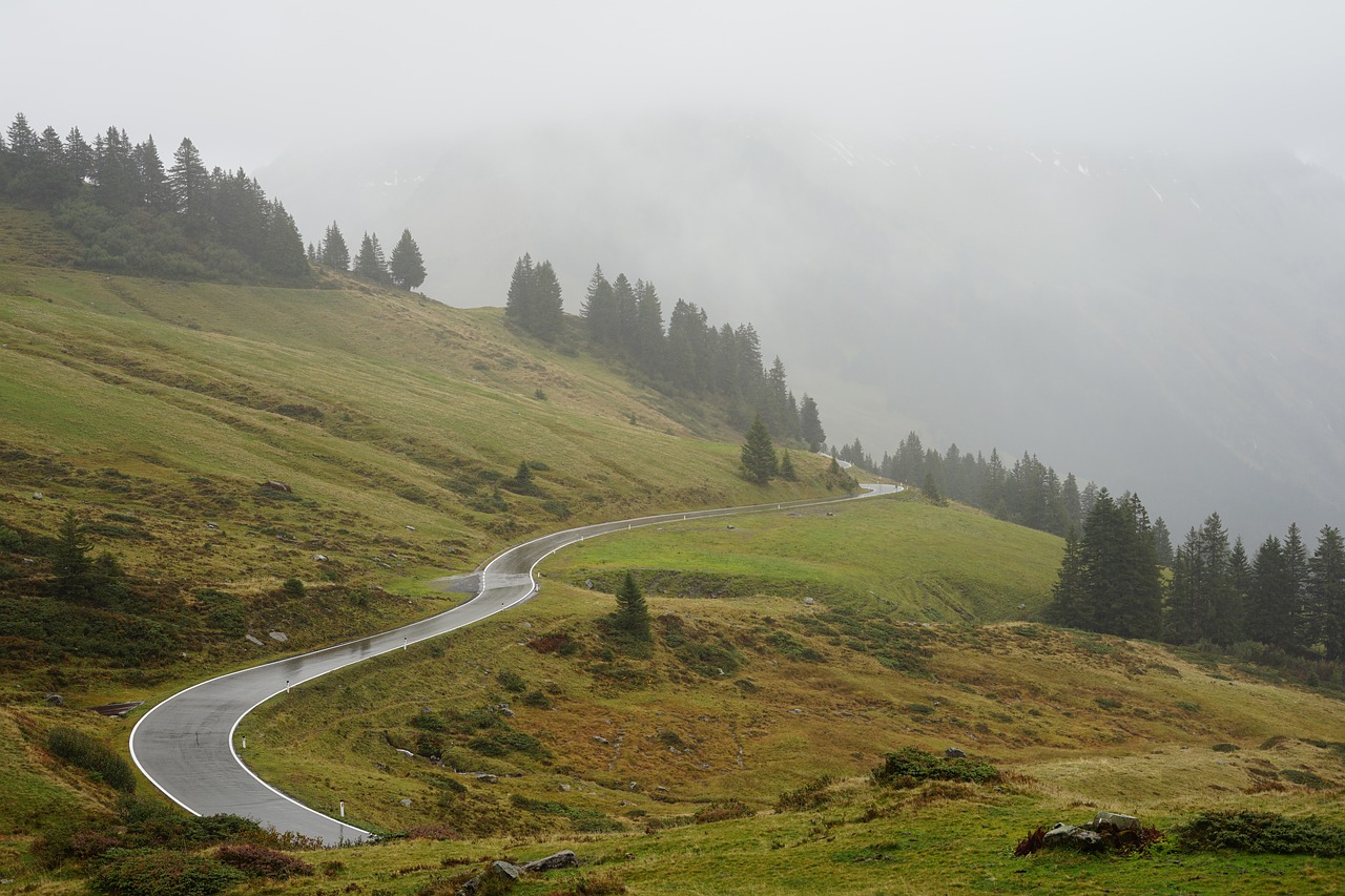 route, brouillard, montagnes, l'autriche, route du col, courbes, paysage, la nature