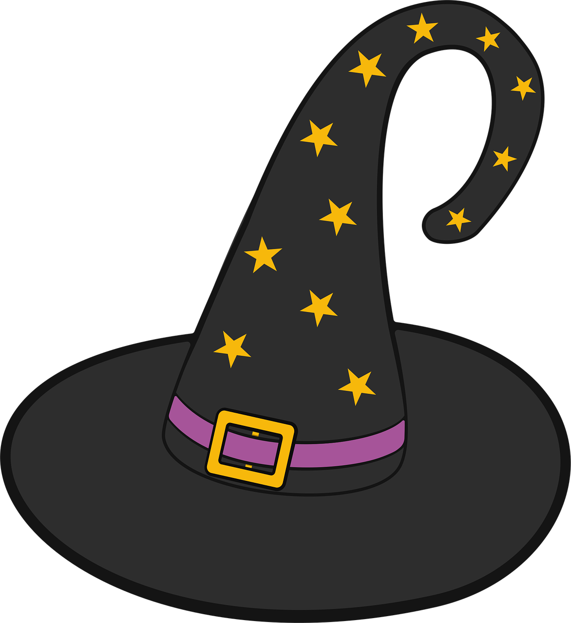 sorcière, chapeau, halloween, la magie, magicien, costume, clipart, dessin animé, le noir, mauve, étoiles, or, jaune, pointu, incurvé, effrayant, épeler, fantaisie, icône, autocollant, décoration, amusement, capricieux