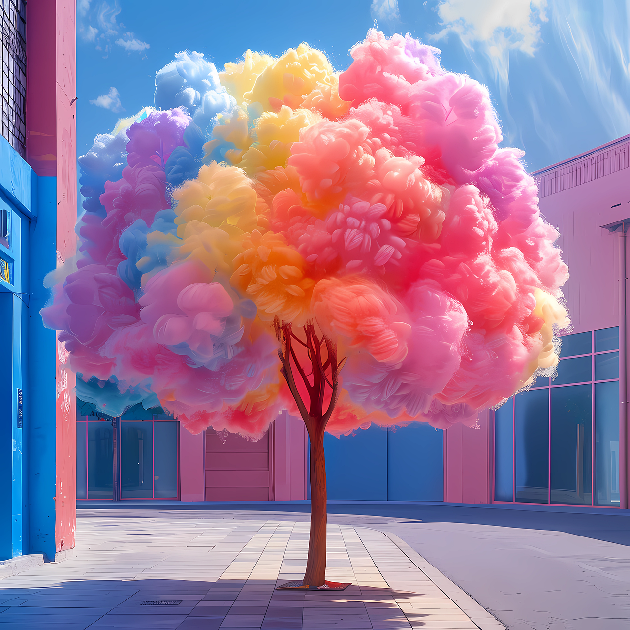 ai généré, arbre à barbe à papa, arbre, barbe à papa, fantaisie, mystique, vibrant, nature, couleurs, surréaliste, paysage