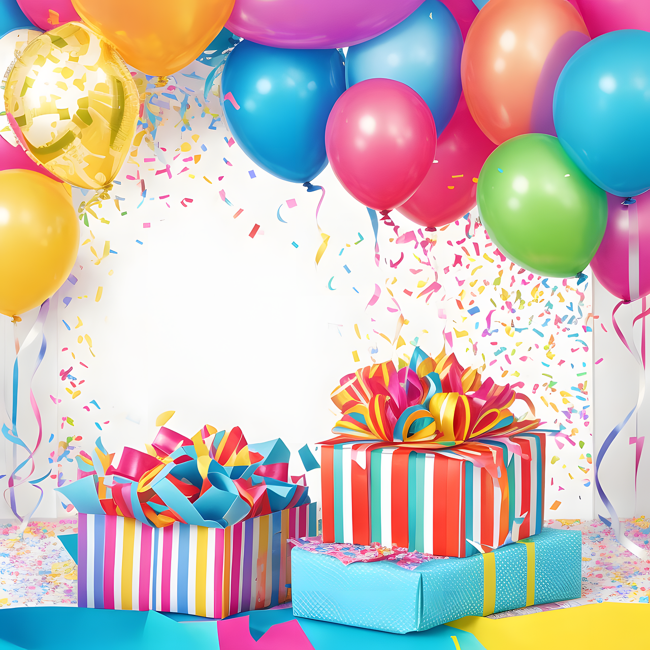 ai généré, des ballons, présente, confettis, joyeux anniversaire, mignonne, animal, carte d'invitation, invitation d'anniversaire, carte d'anniversaire, faire-part de mariage, peluche, nature, saint valentin, fête