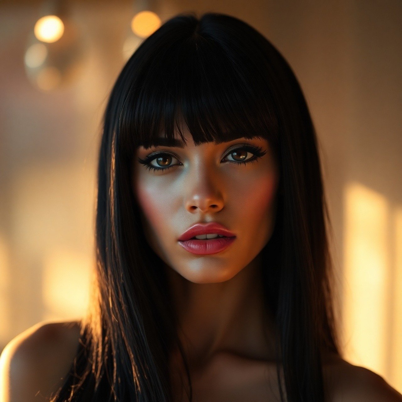 ai généré, femme, maquette, visage, poser, la modélisation, se réconcilier, dame, brunette, bangs, cheveu, eye-liner, produits de beauté, portrait