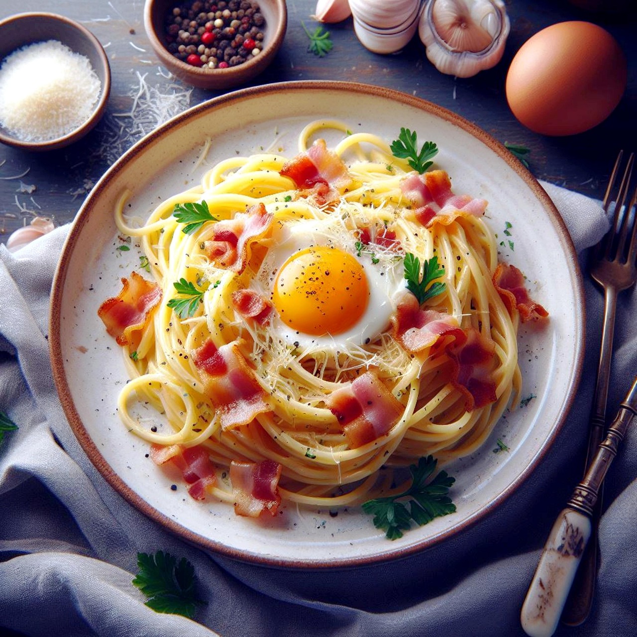 ai généré, spaghetti, aliments, pâtes, cuisiner, carbonara, italien, assiette, sauce à la crème