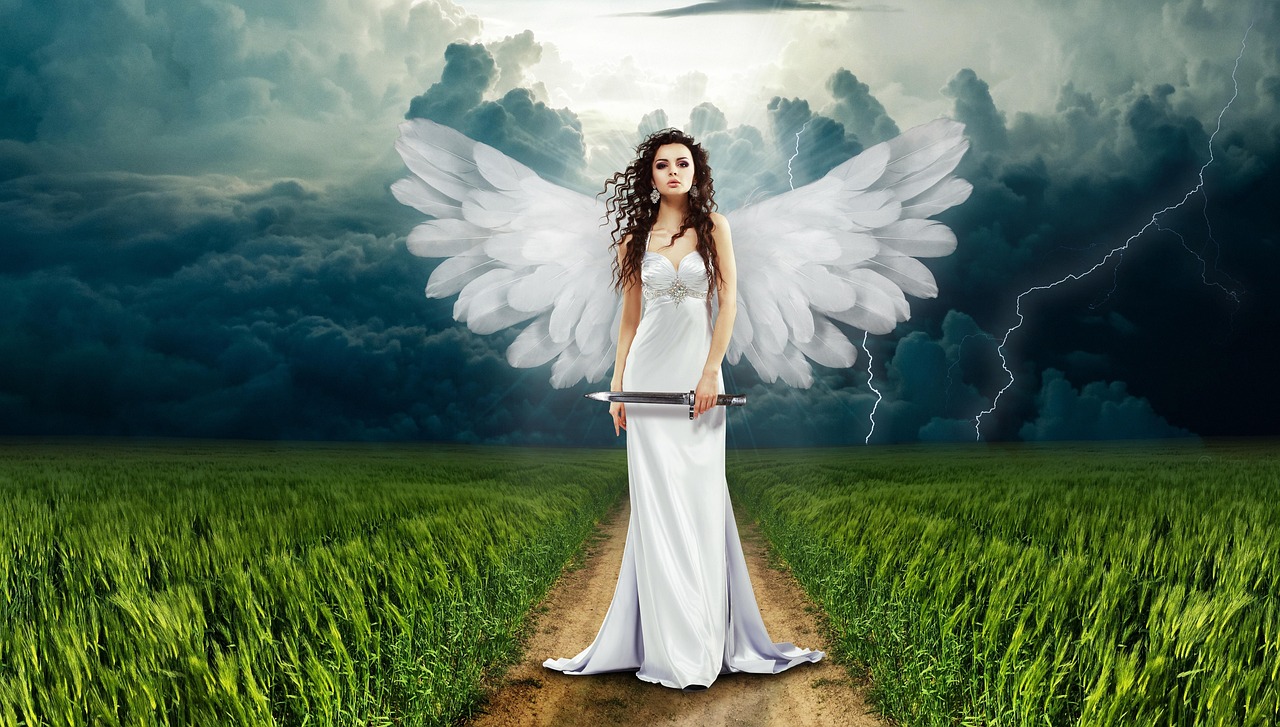 ange, épée, femme, ailes, ailes d'anges, tempête, nuages orageux, nature, des nuages, prairies, mysticisme, dieu, vengeance, mauvais, fantaisie, manipulation de photo, ange, ange, ange, ange, ange, femme, femme, femme, ailes