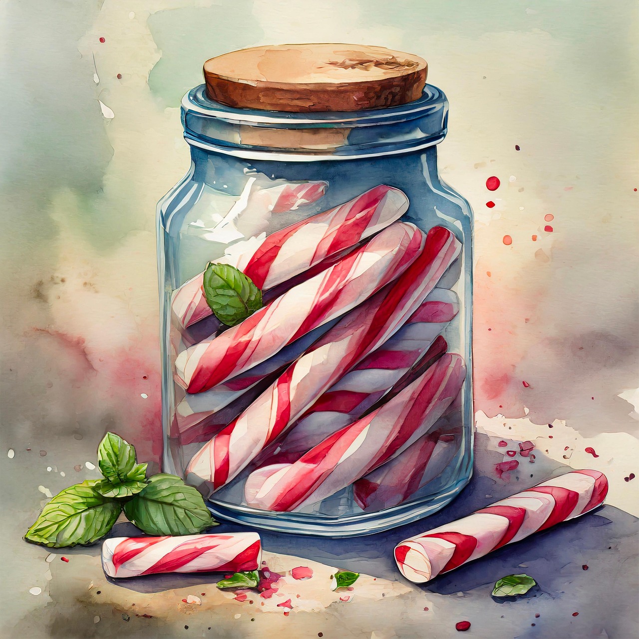 aquarelle, la peinture, menthe poivrée, bâton de menthe poivrée, confiserie, pot, noël, sucré, ai généré