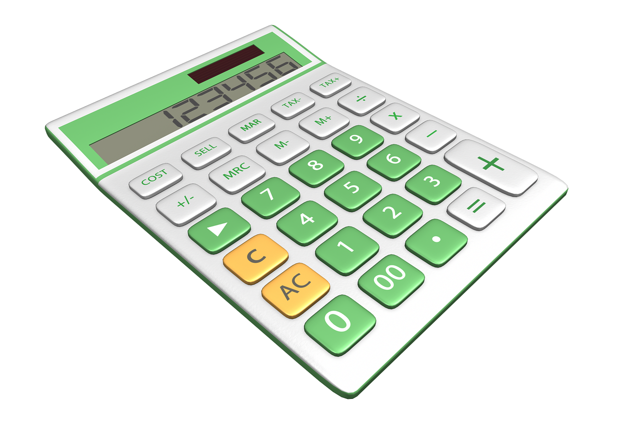 calculatrice, en trois dimensions, symbole, signer, entreprise, la finance, la technologie, fournitures de bureau, horizontal, numéro, symbole de la monnaie, bureau, généré numériquement, composite numérique, signe dollar, façonner, vert, mathématique, clavier, bouton poussoir, signe plus, division, multiplication, signe égal, soustraction, blanche, objet unique