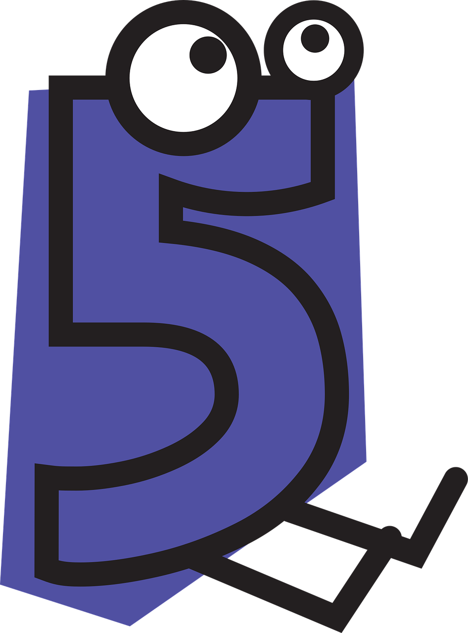 cinq, numéro, 5, symbole, créature, dessin animé, chiffre, compter, coupé