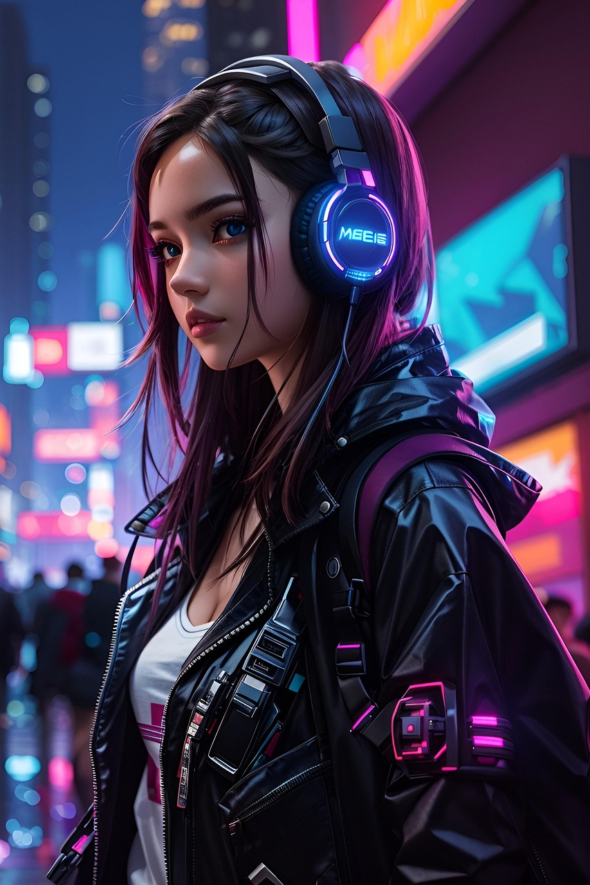 cyberpunk, barre d'éclairage, fille avec un casque dans la rue, néons, sac à dos, fille, femme, ai généré