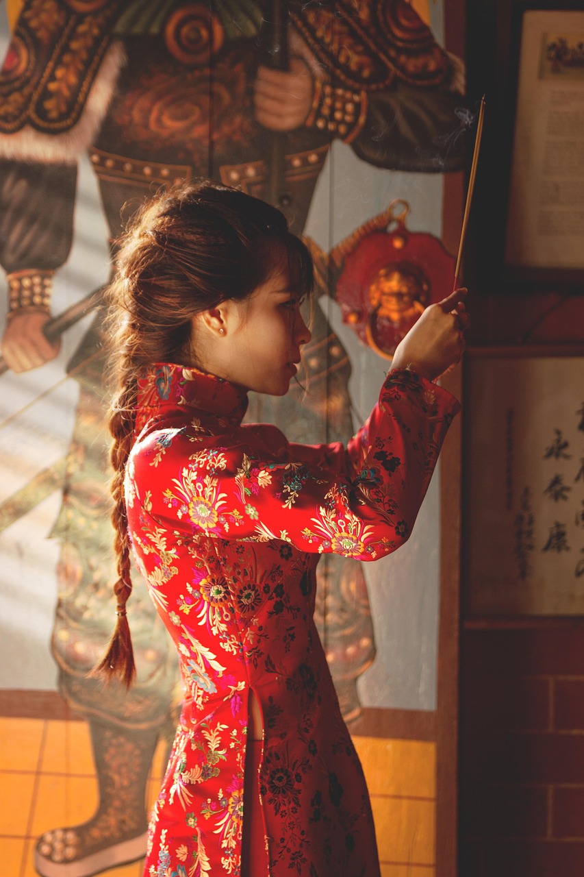 femme, beauté, traditionnel, costume, vêtements, mode, fille, asiatique, vietnam, encens, portrait