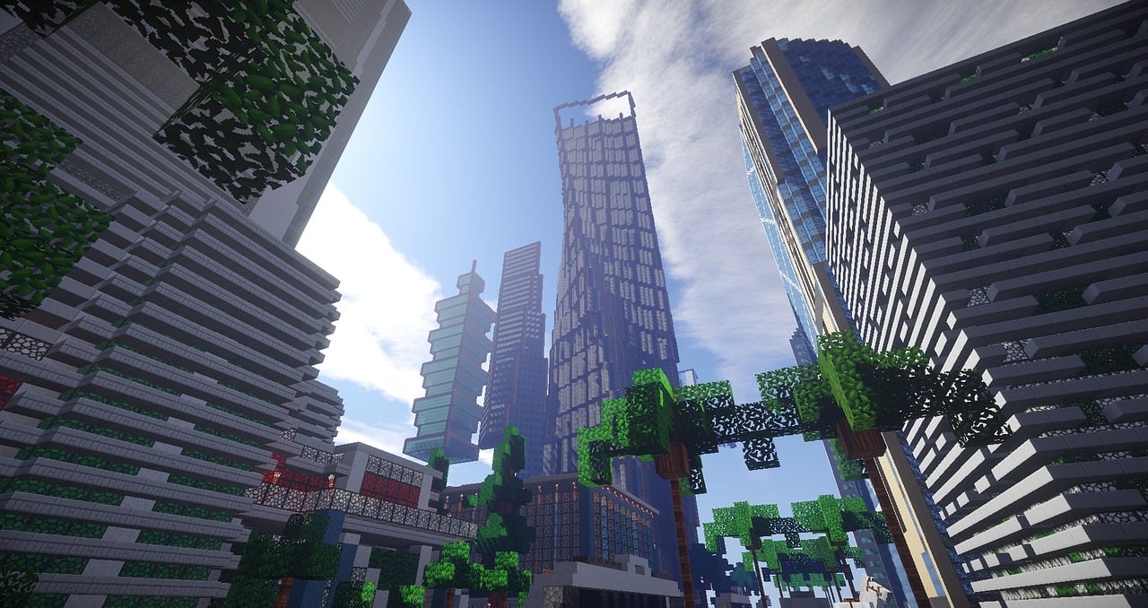 minecraft, carte, ville, nature, gratte-ciel, grattes ciels, ombrage, route, imeuble, des arbres, la tour, architecture, maisons