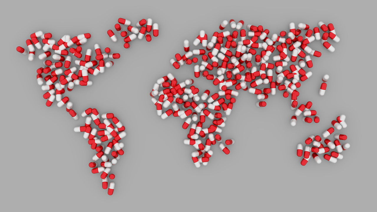 monde, carte, pilules, terre, carte du monde, gélules, soins de santé, médicaments, vitamines, planète, médicament, pharmacie, 3d, ordonnance, global, santé, dépendance, concept, idée
