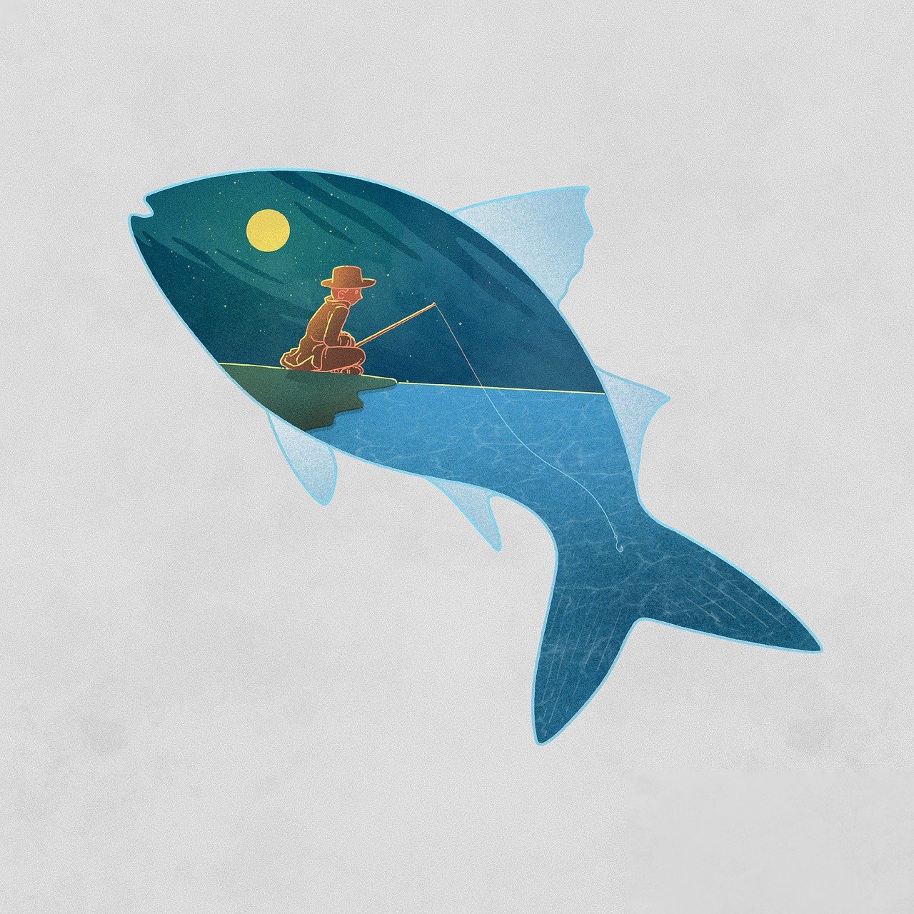 poisson, lune, faire de la pêche, silhouette, nature, imagination, fantaisie, créativité, la peinture, art, nuit, voyager, dessin animé