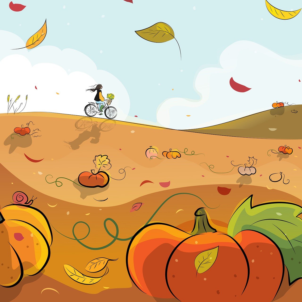 tombe, citrouilles, cyclisme, fille, bicyclette, sur le terrain, automne, feuilles, feuillage, champ de citrouilles, paysage, colline, nature, octobre