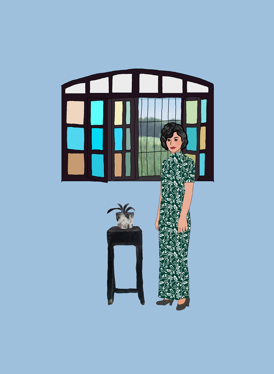 asiatique, fenêtre, magnifique, peuple chinois, cheongsam, femme, style chinois