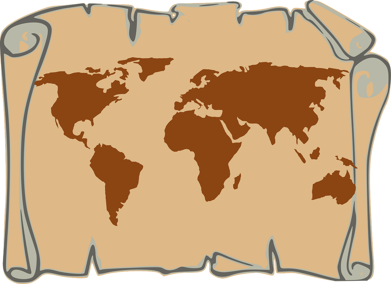 carte, carte du monde, monde, vieille, faire défiler, pirate, trésor