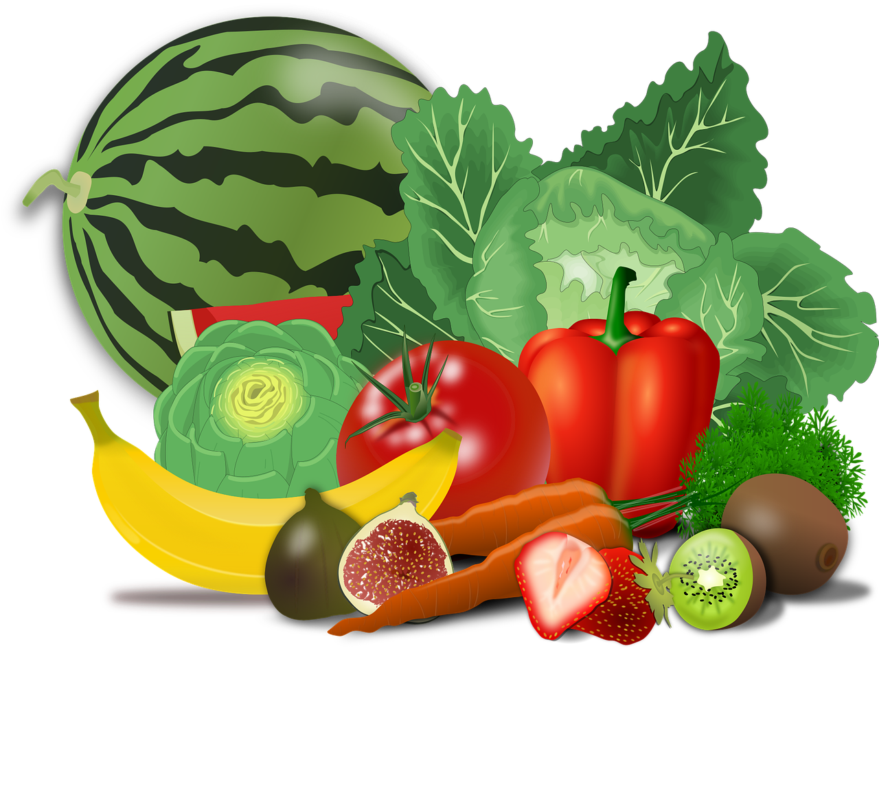 des légumes, des fruits, aliments, artichaut, banane, baies, choux, carotte, figure, kiwi, poivre, fraise, pastèque, tomate, légumes, en bonne santé, produire, récolter, biologique, découper, aliments, légumes, légumes, légumes, légumes, légumes