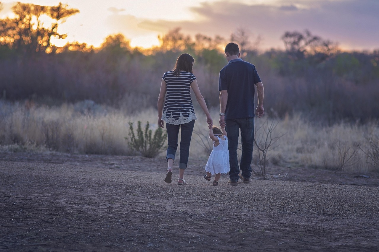 famille, en marchant, la campagne, le coucher du soleil, sur le terrain, parents, mère, père, tout-petit, soirée, marcher, fille, ensemble, enfant, nature, en plein air, famille, famille, famille, famille, famille, parents