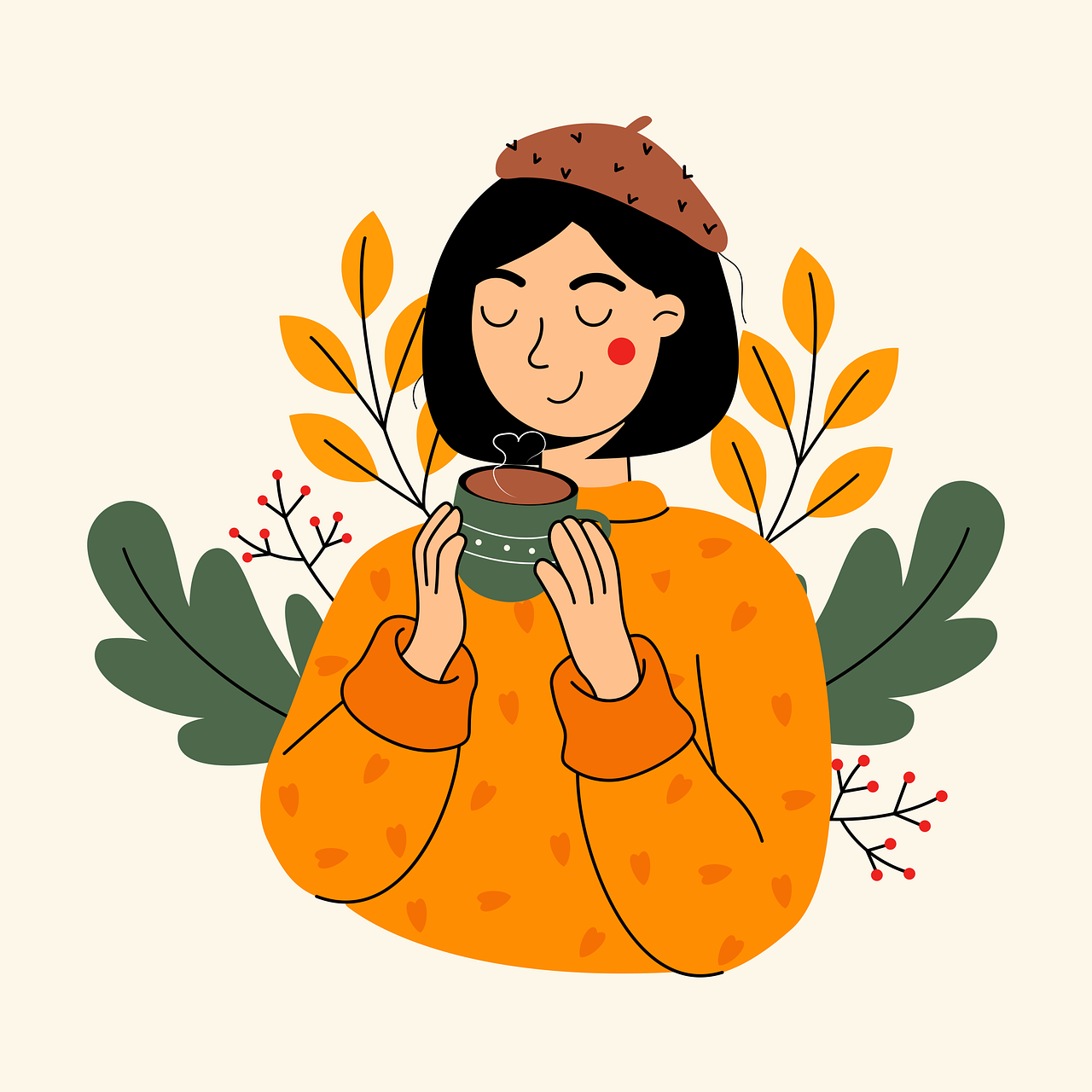 femme, café, tasse de café, tasse, cheveux courts, dessin animé, minimaliste, tombe, automne, hiver