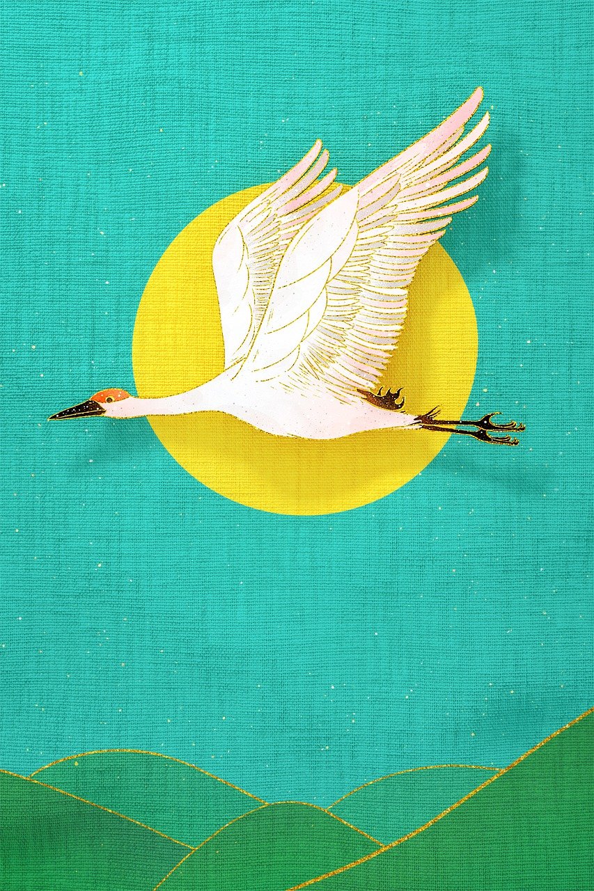 grue, grue à couronne rouge, art chinois, affiche de style chinois, textile, l'art classique, tradition chinoise, rendu 3d, maquette 3d