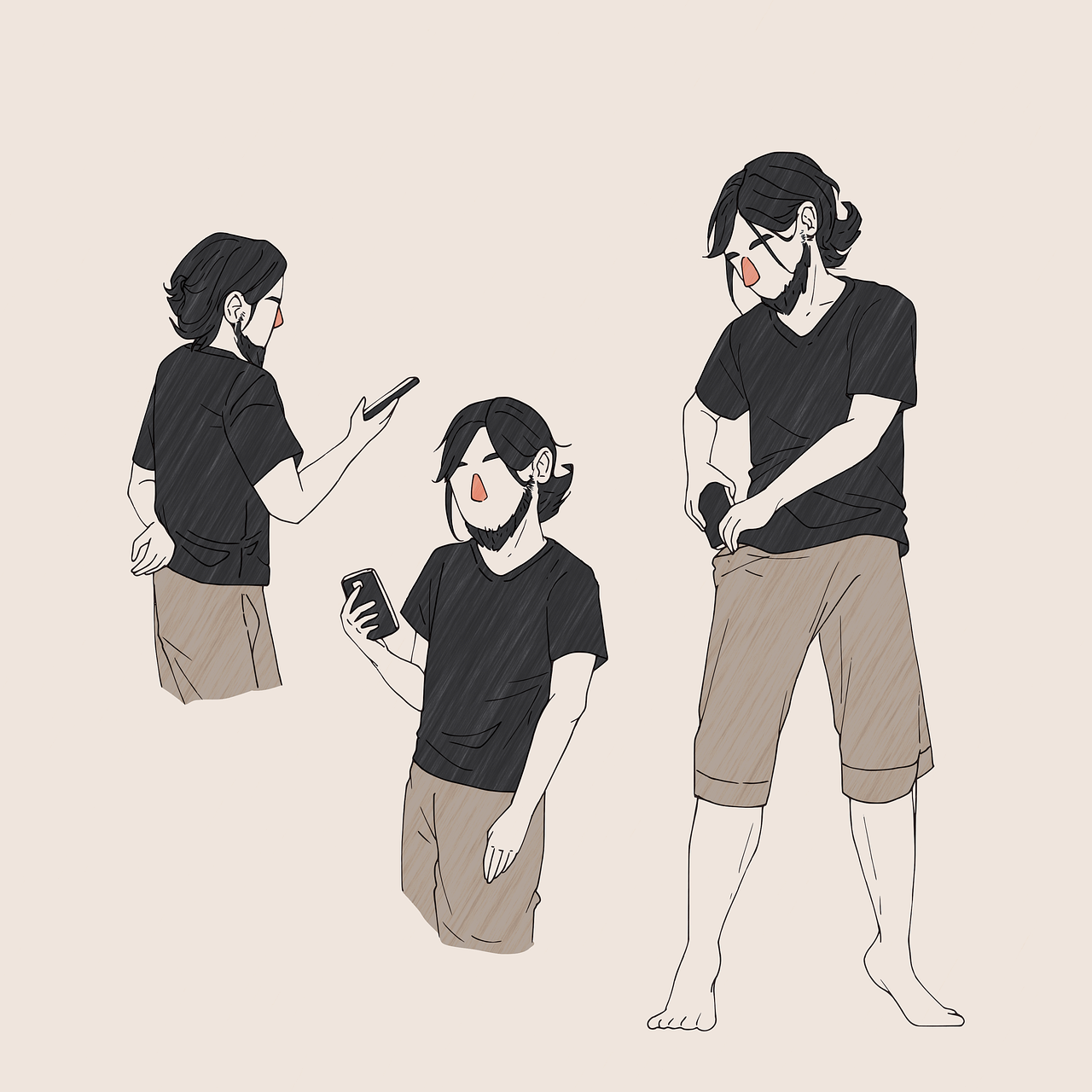 homme, tic tac, dessin, activité, esquisser, téléphoner, défilement, faire défiler, médias sociaux