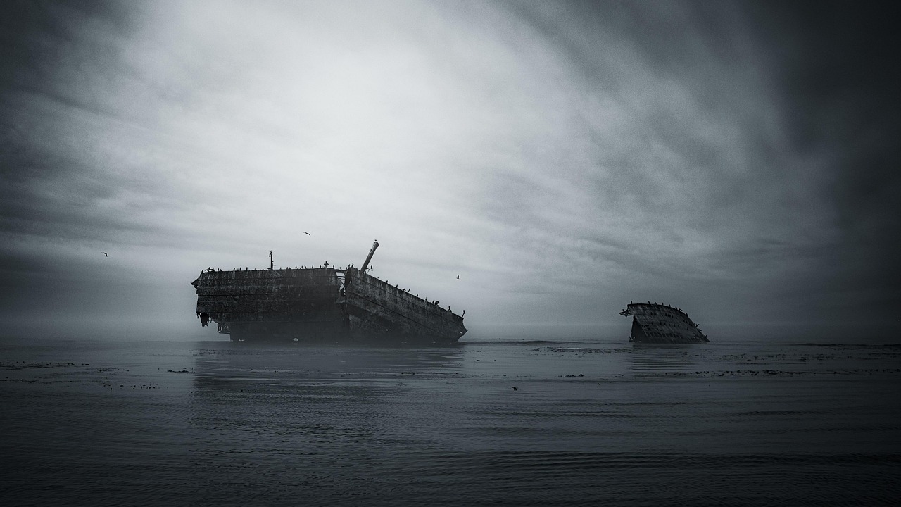 mer, crash, bateau, a coulé, des oiseaux, nature, paysage, pc