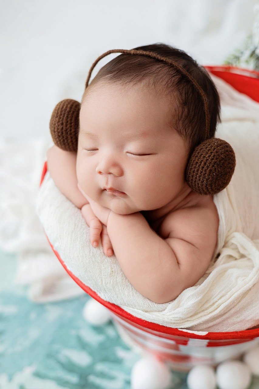 noël, bébé, arbre, mignonne, du froid, casquette, du repos, corbeille, couverture, cache-oreilles, dormir, joyeux, sucré, paisible, hiver, nouveau née, en sourdine, vêtu, signer, nature, portrait, mélange