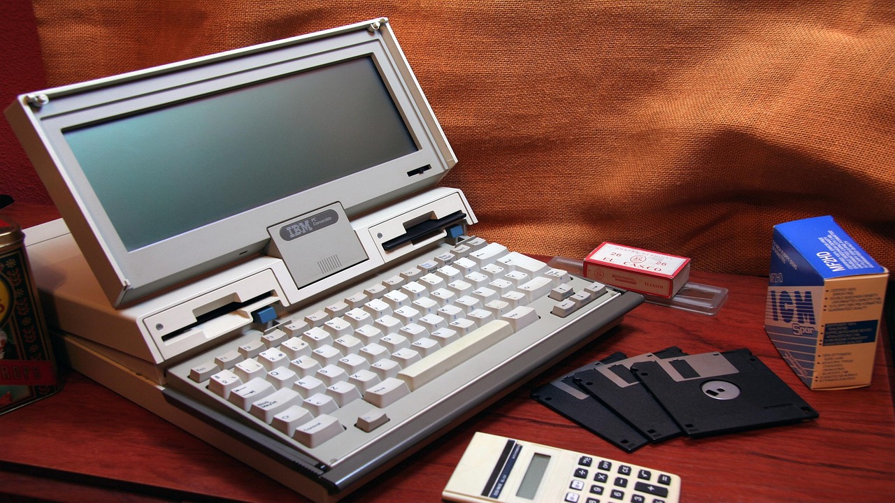 ordinateur, portable, ancien, ibm pc convertible, filtrer, clavier, disquette, bureau, rétro, vieille