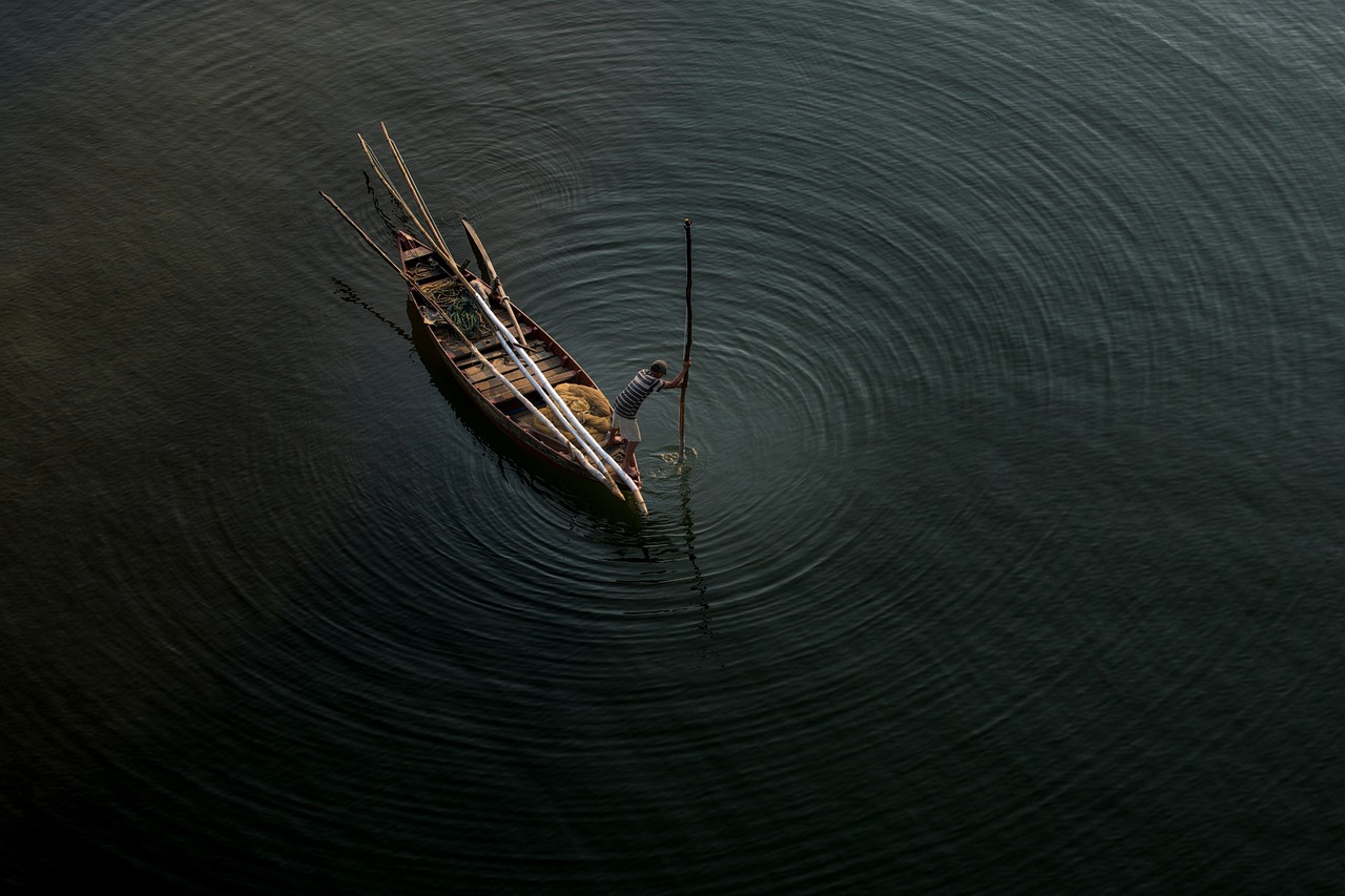pêcheur, lac, nature, l'eau, ondulations, faire de la pêche, vietnam, poisson, travail, moyens de subsistance, bateau de pêche, bateau, vue aérienne, prise de vue aérienne