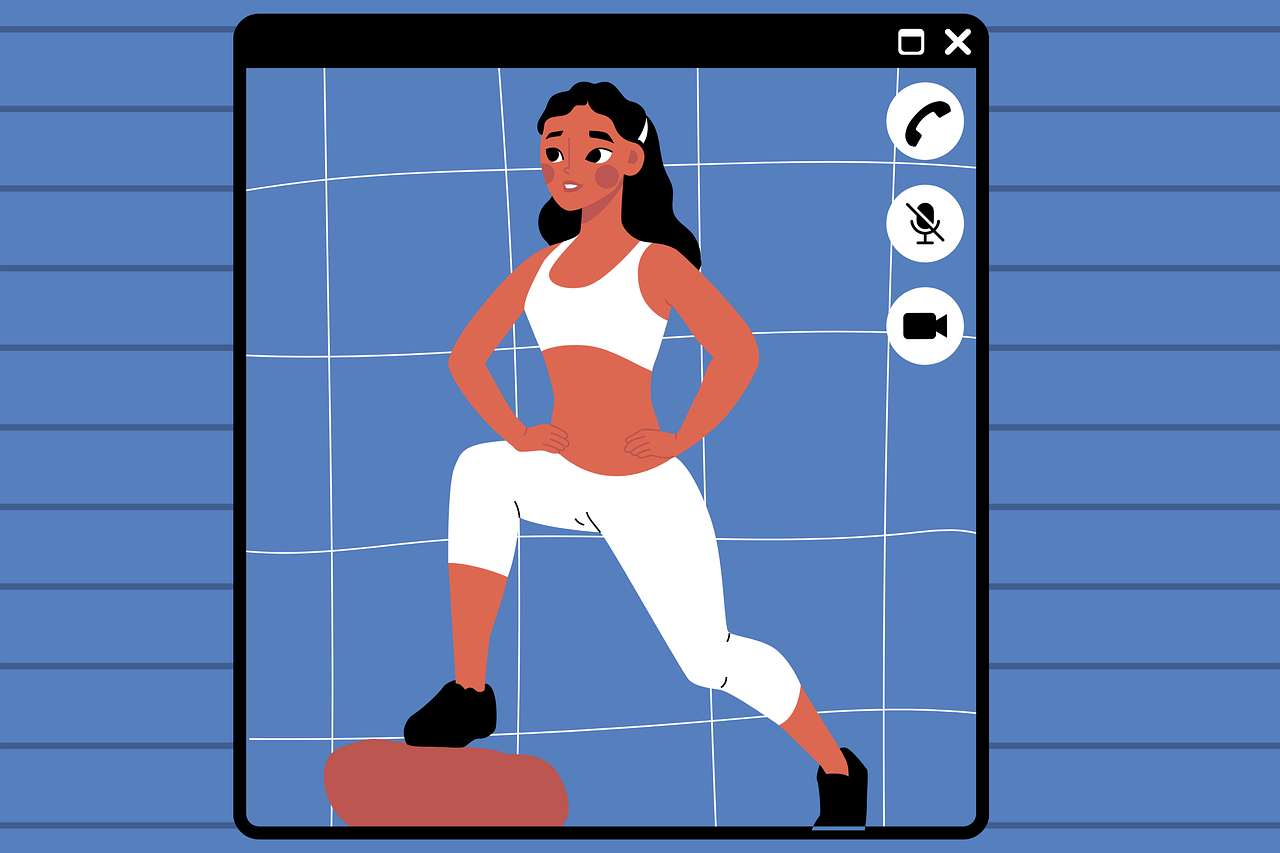 webcam, s'entraîner, aptitude, femme, exercer, ordinateur, appel