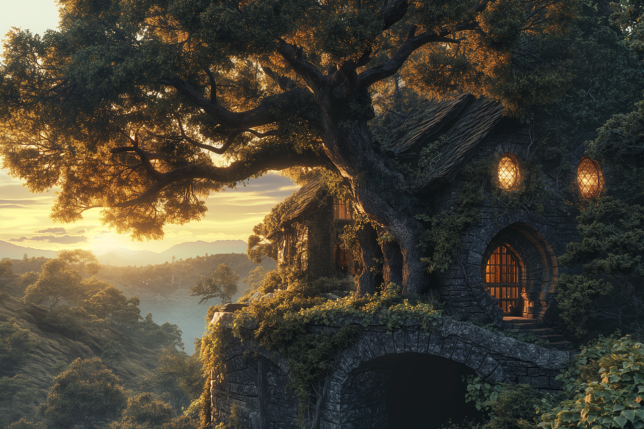 ai généré, cabane dans les arbres, montagnes, loger, arbre, cabane, forêt, fantaisie, nature